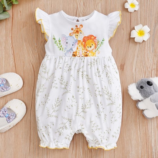 Newborn Infant Cute Cartoon Animal Printed Cotton Comfy Romper, Ruffled Sleeve Crew Neck Jumpsuit For Baby Girls, Summer Clothes