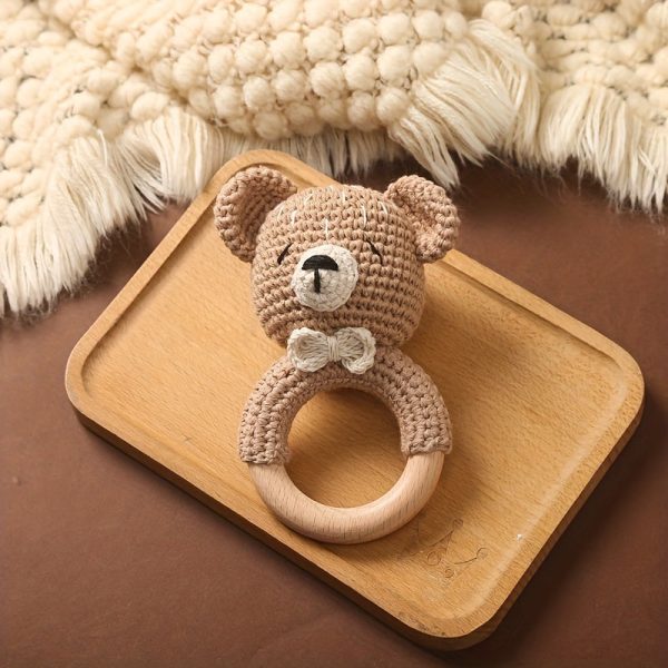 1da5105055ed6726412f6affcd3ae385.jpg Baby Beech Wooden Pure Cotton Crochet Ringing Bell, Brown Bear Ring Wooden Baby Gym Montessori Toy Halloween Easter Gift