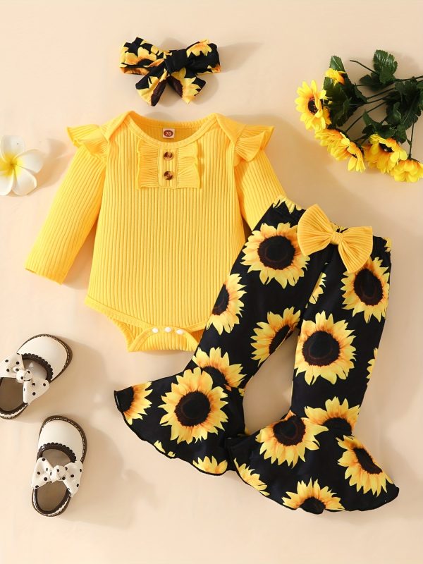 3aca08593298e5ba148e93de52380e49-1.jpg 3pcs Adorable Infant Baby Girl Outfit Set with Ruffle Ribbed Romper, Sunflower Print Pants, and Headband - Perfect for Playtime and Photos!