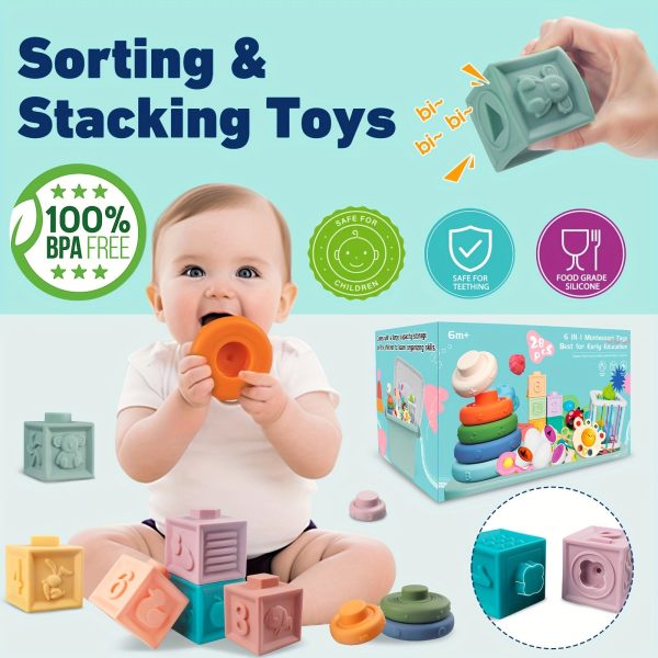 6 In 1 Baby Toys, Montessori Toy Soft Building Blocks Stacking Ring Infant Teething Toy Pull String Toy, Suction Cup Spinner Toy Eggs Color Matching Game Shape Sorter Sensory Bin