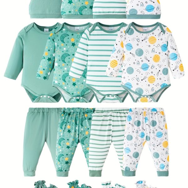 Baby Boys Happy Outfit Pregnant Women's Gifts - Solid Color & Starry Sky & Striped & Cosmic Cute Long Sleeve Top + Pants + Hat + Gloves Set