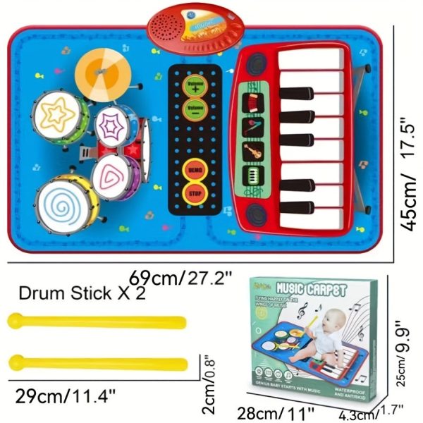Musical Blanket Toddler Piano & Drum Mat with 2 Sticks - 2-in-1 Learning Floor Blanket for 1-3 Year Old Boys & Girls - Perfect Birthday Gift for Little Musicians
