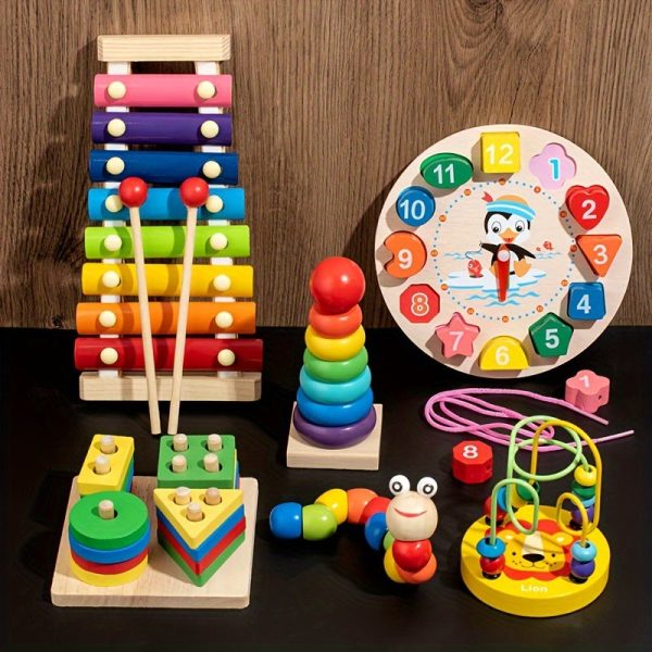 689a18ae579159e19daa4aba84a61102-1.jpg 6 In 1 Wooden Montessori Toys, Preschool Kids Educational Toys, Musical Instruments Multifunctional Preschool Teaching Toys, Beads, Clock Shape, Caterpillar Shape Halloween Thanksgiving Christmas Gift