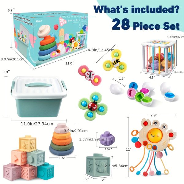 6 In 1 Baby Toys, Montessori Toy Soft Building Blocks Stacking Ring Infant Teething Toy Pull String Toy, Suction Cup Spinner Toy Eggs Color Matching Game Shape Sorter Sensory Bin