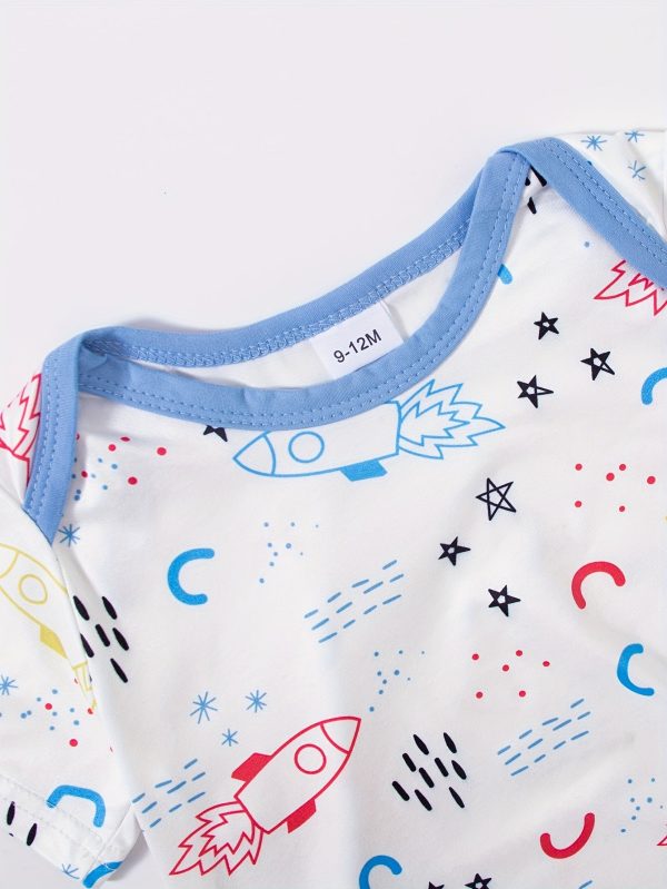 4 Sets Baby's Cartoon Pattern Short Sleeve Set, Onesie & Hat & Pants, Baby Boy's Clothing