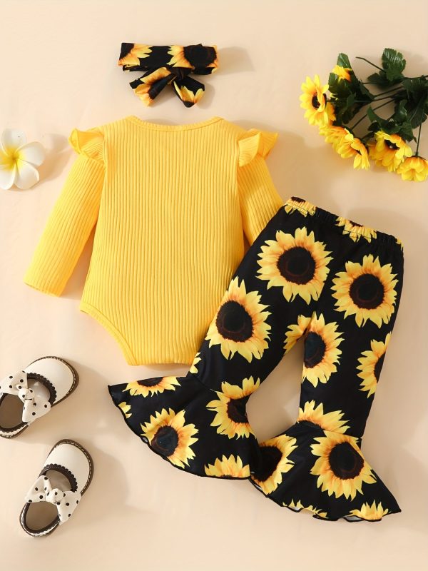 b54b6d515eaaf3e1ba56b5fae151d468-1.jpg 3pcs Adorable Infant Baby Girl Outfit Set with Ruffle Ribbed Romper, Sunflower Print Pants, and Headband - Perfect for Playtime and Photos!