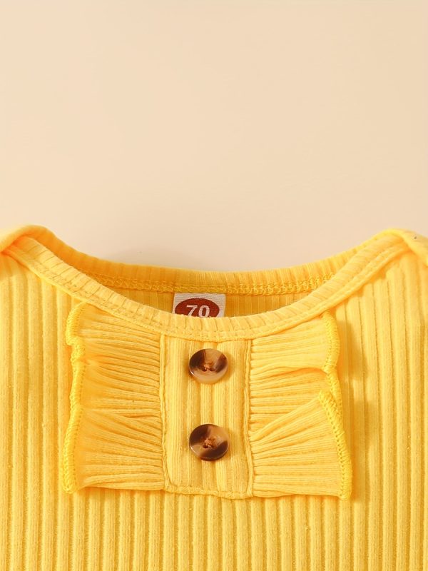 ba006d39f684269140c510b0b033ab91-1.jpg 3pcs Adorable Infant Baby Girl Outfit Set with Ruffle Ribbed Romper, Sunflower Print Pants, and Headband - Perfect for Playtime and Photos!