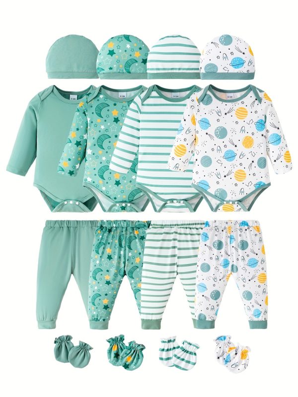 Baby Boys Happy Outfit Pregnant Women's Gifts - Solid Color & Starry Sky & Striped & Cosmic Cute Long Sleeve Top + Pants + Hat + Gloves Set